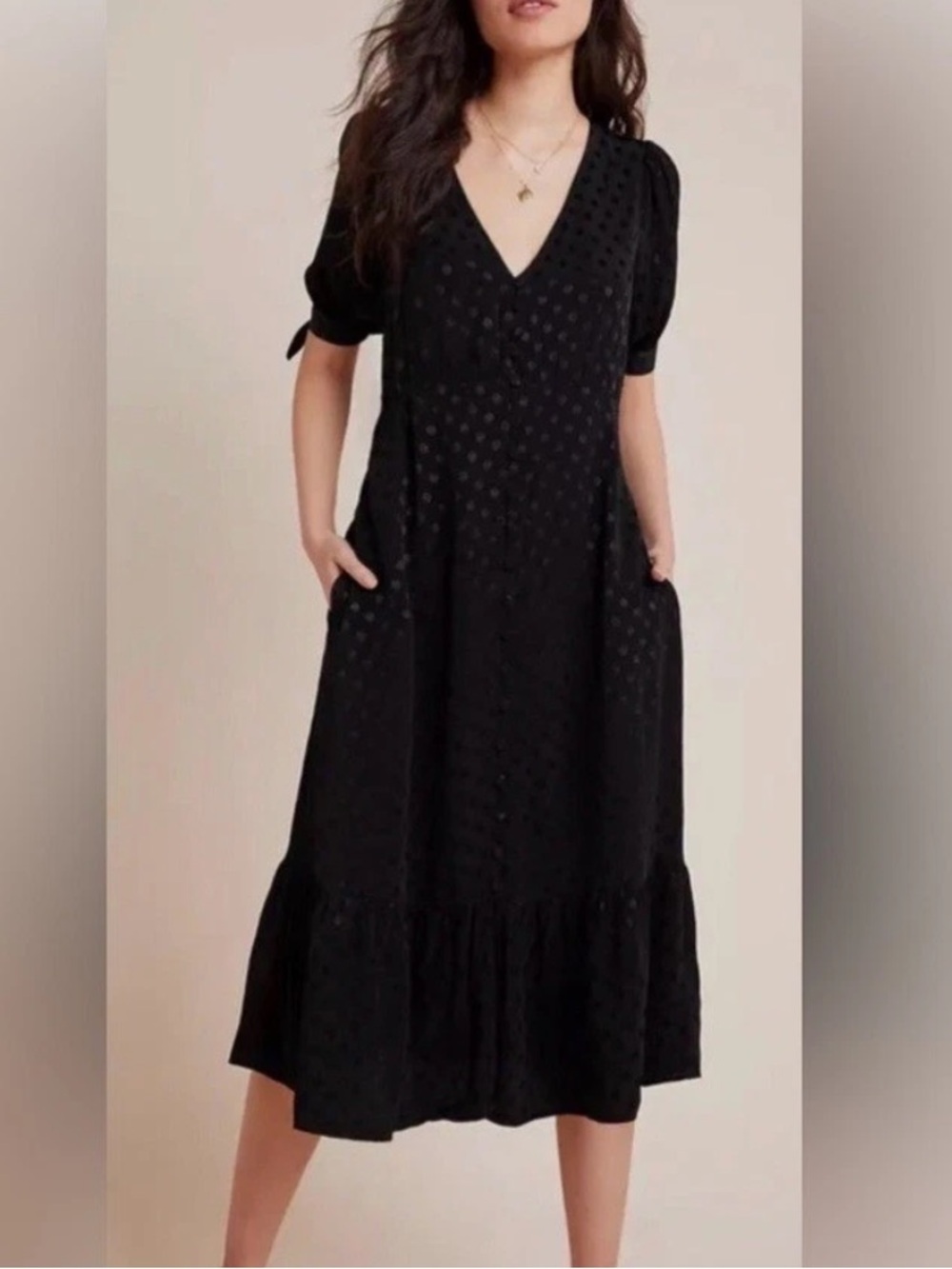 Anthropologie Maeve Black Textured V-Neck Midi Dress with Puff Sleeves size 8